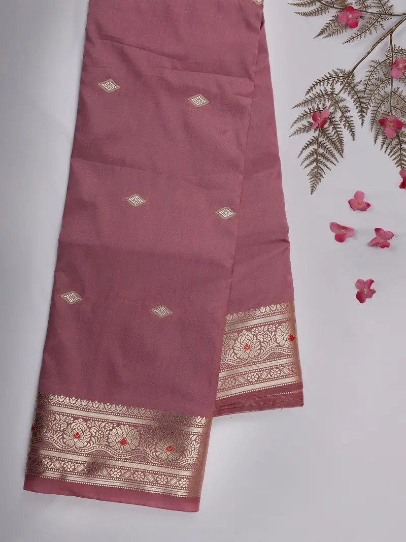 Dusty Rose Pink Butta Woven Design Soft Silk Saree With Silver Zari Floral Border 1