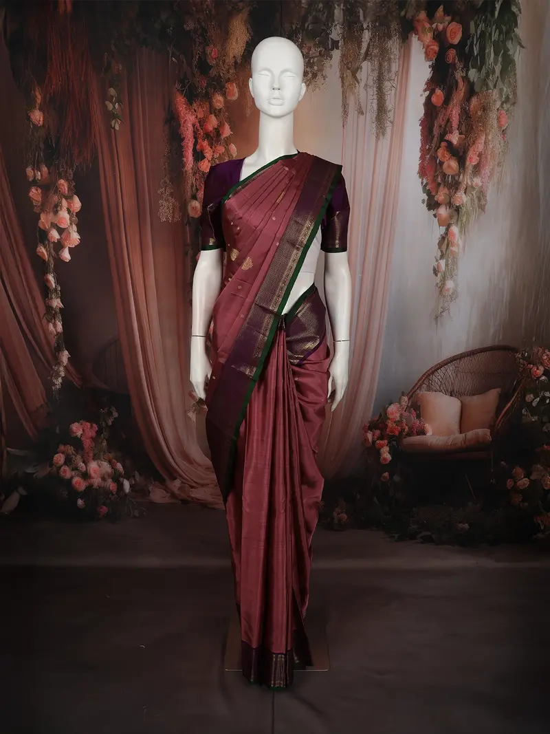 Dusty Rose Pink Butta Zari Woven Design Pure Kanchipuram Silk Saree With Contrast Zari Border 2