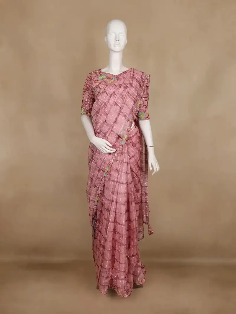 Dusty Rose Pink Checked Design Organza Saree 1