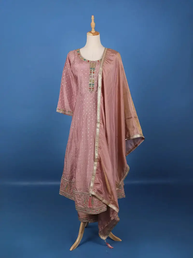 Dusty Rose Pink Dotted Design Silk Salwar Suit 1