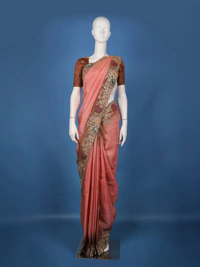 Dusty Rose Pink Embellished Design Semi Tissue Saree 1
