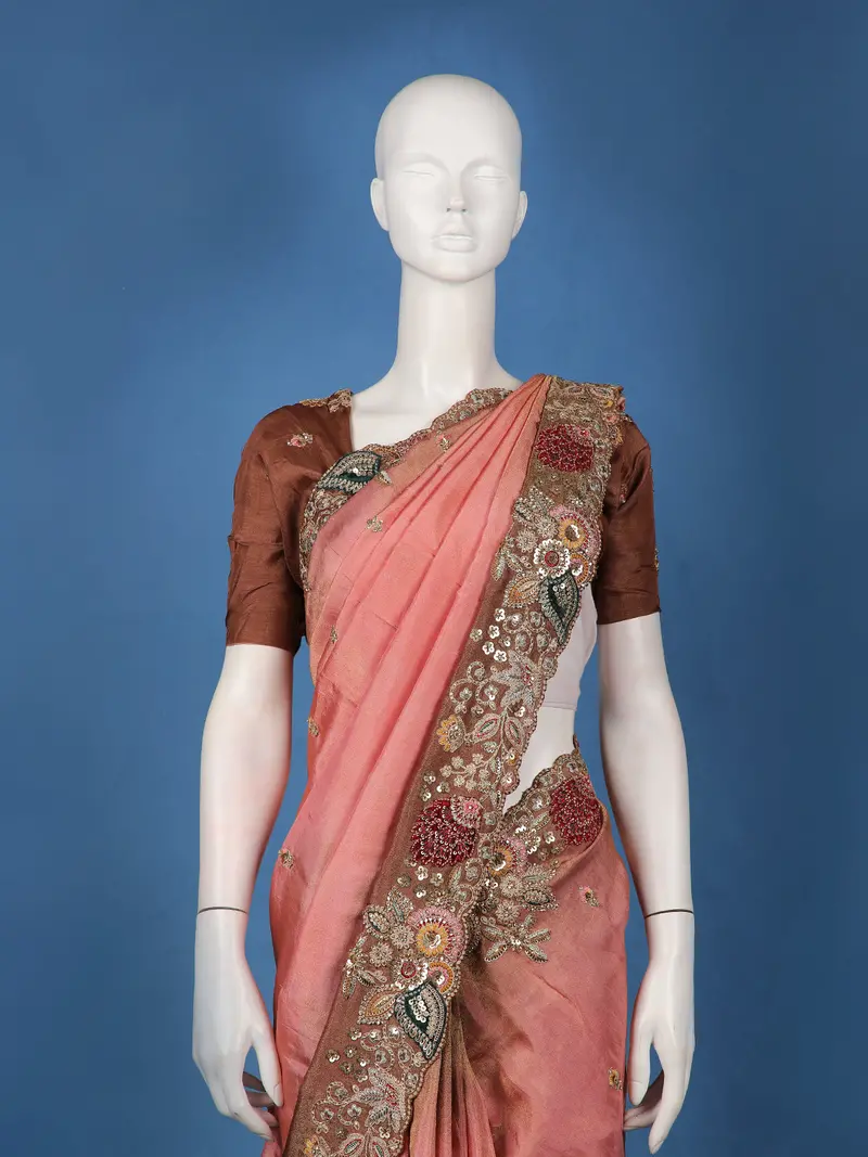 Dusty Rose Pink Embellished Design Semi Tissue Saree 2