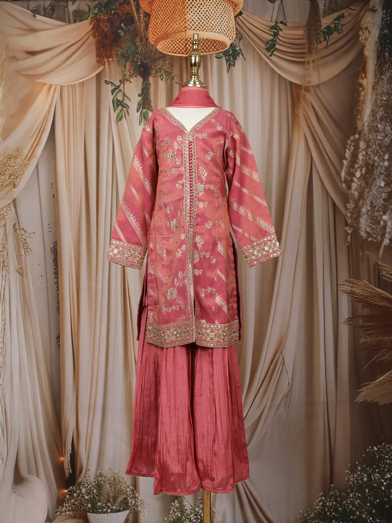 Dusty Rose Pink Embroidered Design Tissue Silk Kids Palazzo Suit 1