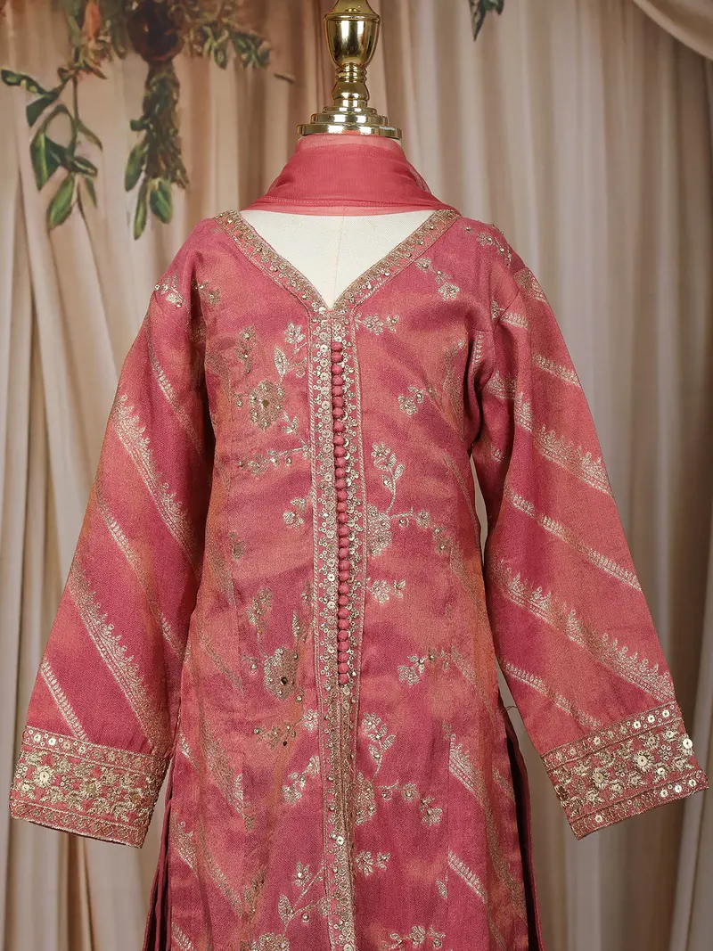 Dusty Rose Pink Embroidered Design Tissue Silk Kids Palazzo Suit 2