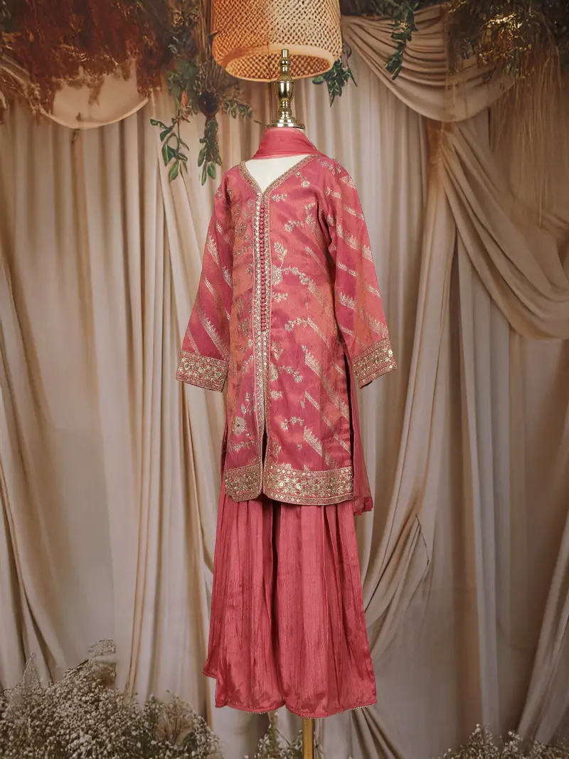 Dusty Rose Pink Embroidered Design Tissue Silk Kids Palazzo Suit 3