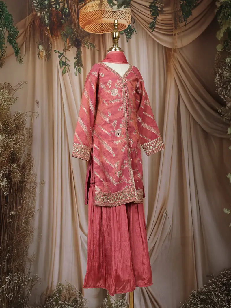 Dusty Rose Pink Embroidered Design Tissue Silk Kids Palazzo Suit 4