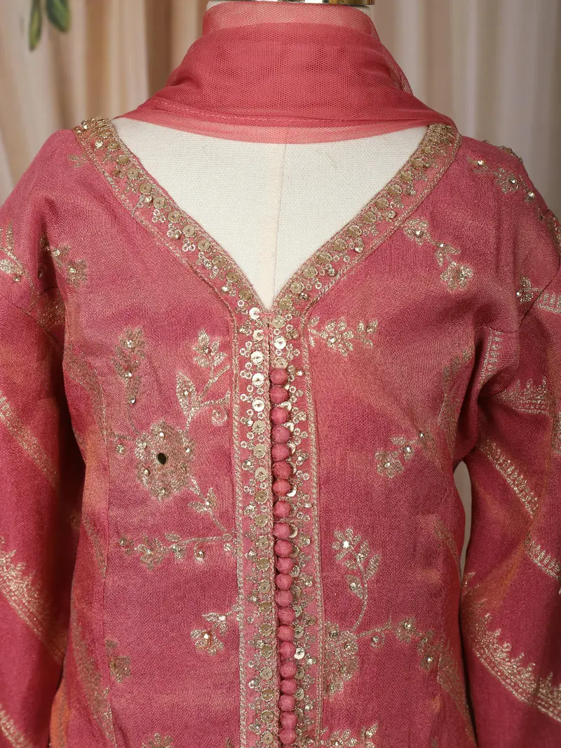 Dusty Rose Pink Embroidered Design Tissue Silk Kids Palazzo Suit 5