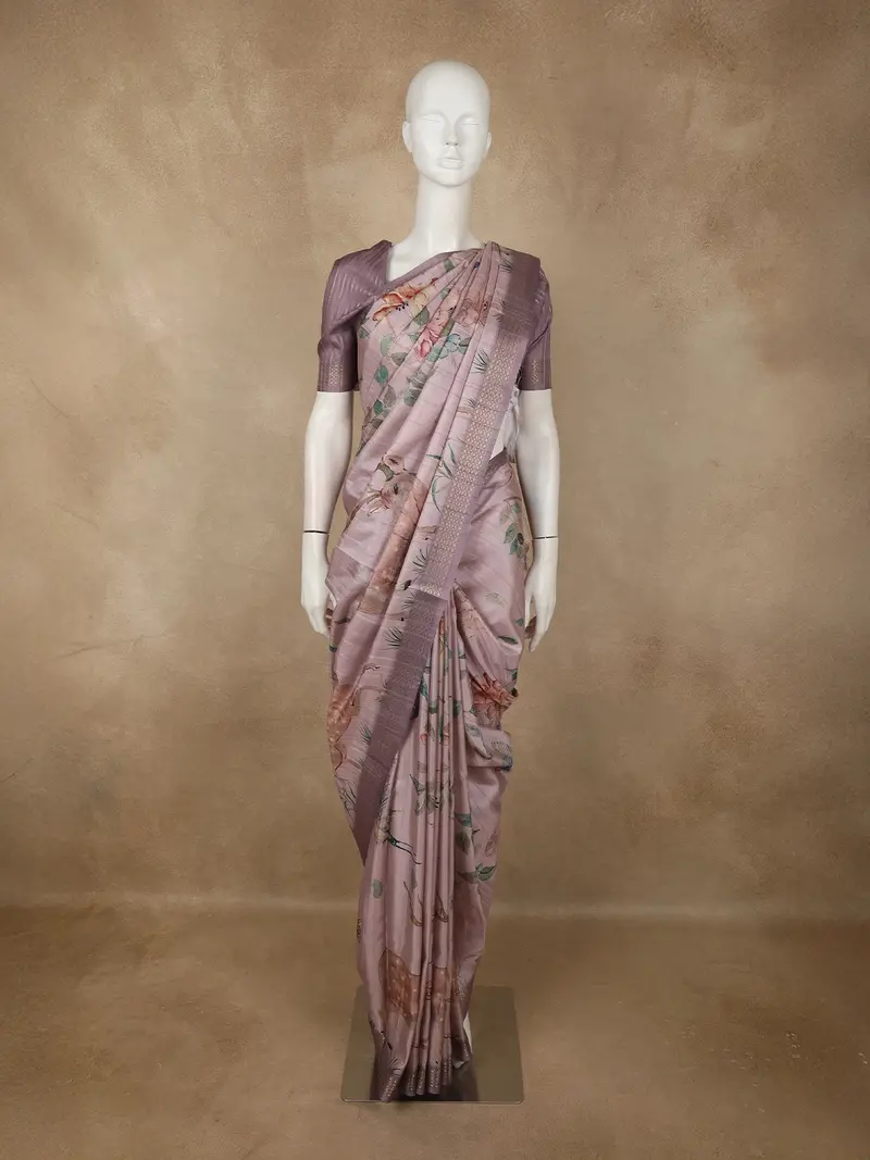 Dusty Rose Pink Floral And Animal Motif Printed Design Tussar Saree 1