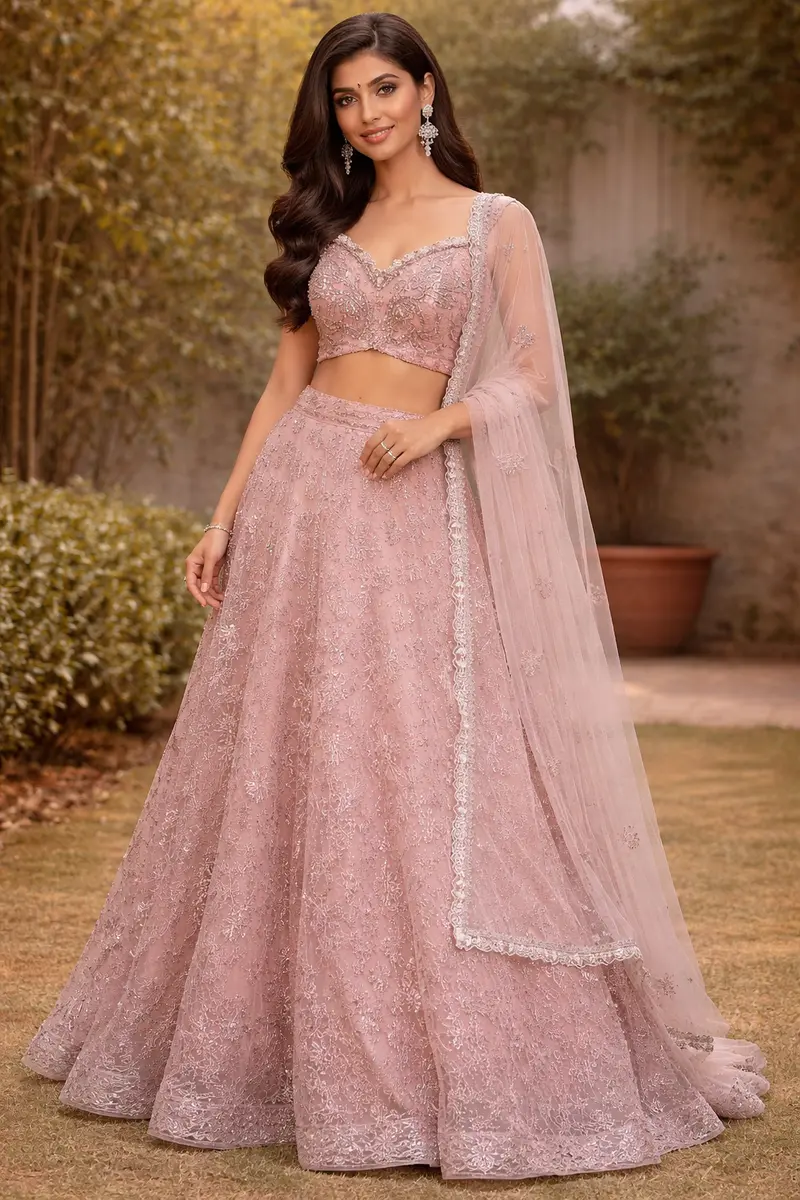 Dusty Rose Pink Floral And Sequins Embroidered Net Lehenga For Bridesmaids 1
