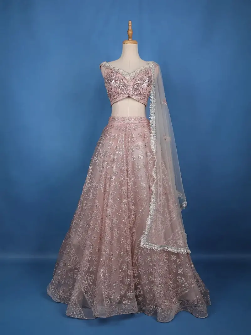 Dusty Rose Pink Floral And Sequins Embroidered Net Lehenga For Bridesmaids 2