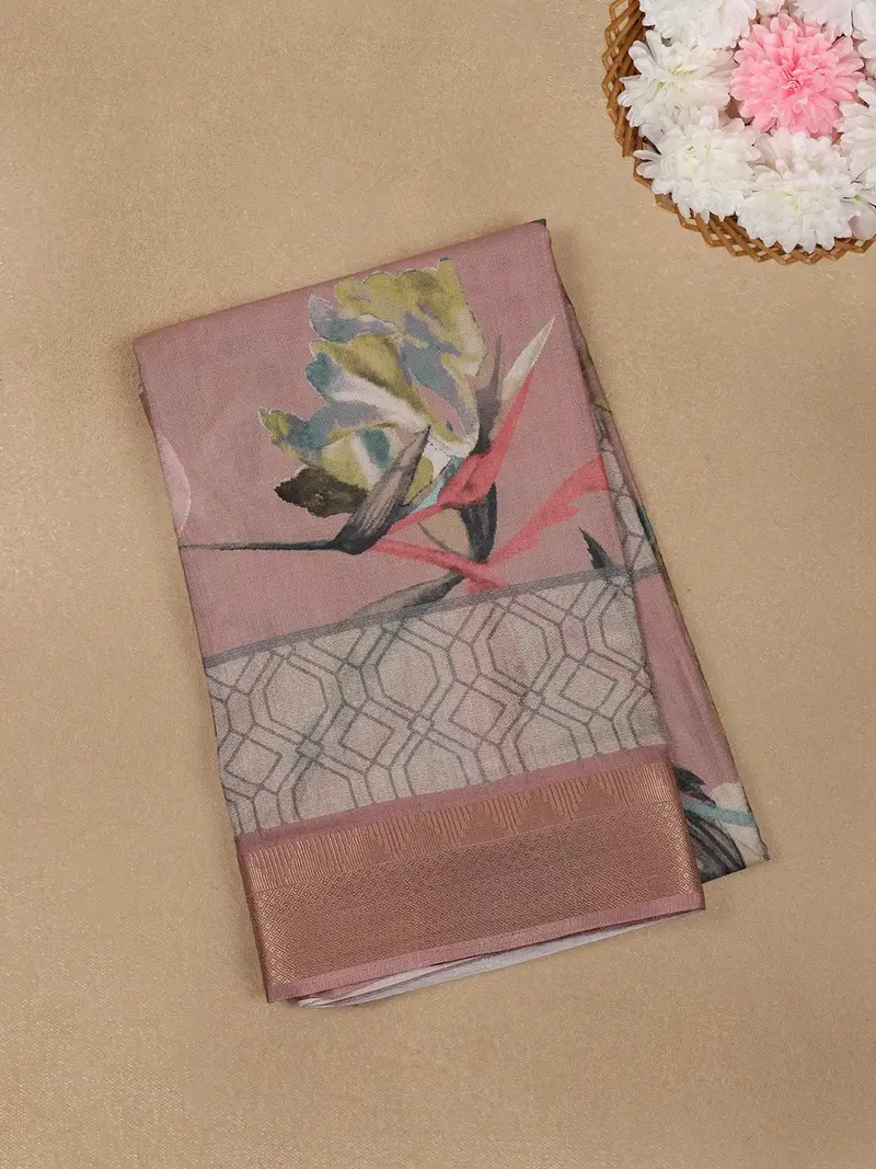 Dusty Rose Pink Floral Design Printed Cotton Saree 1