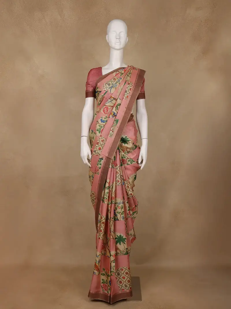 Dusty Rose Pink Floral Design Pure Tussar Saree 1