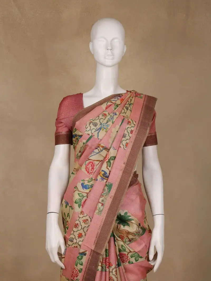 Dusty Rose Pink Floral Design Pure Tussar Saree 2