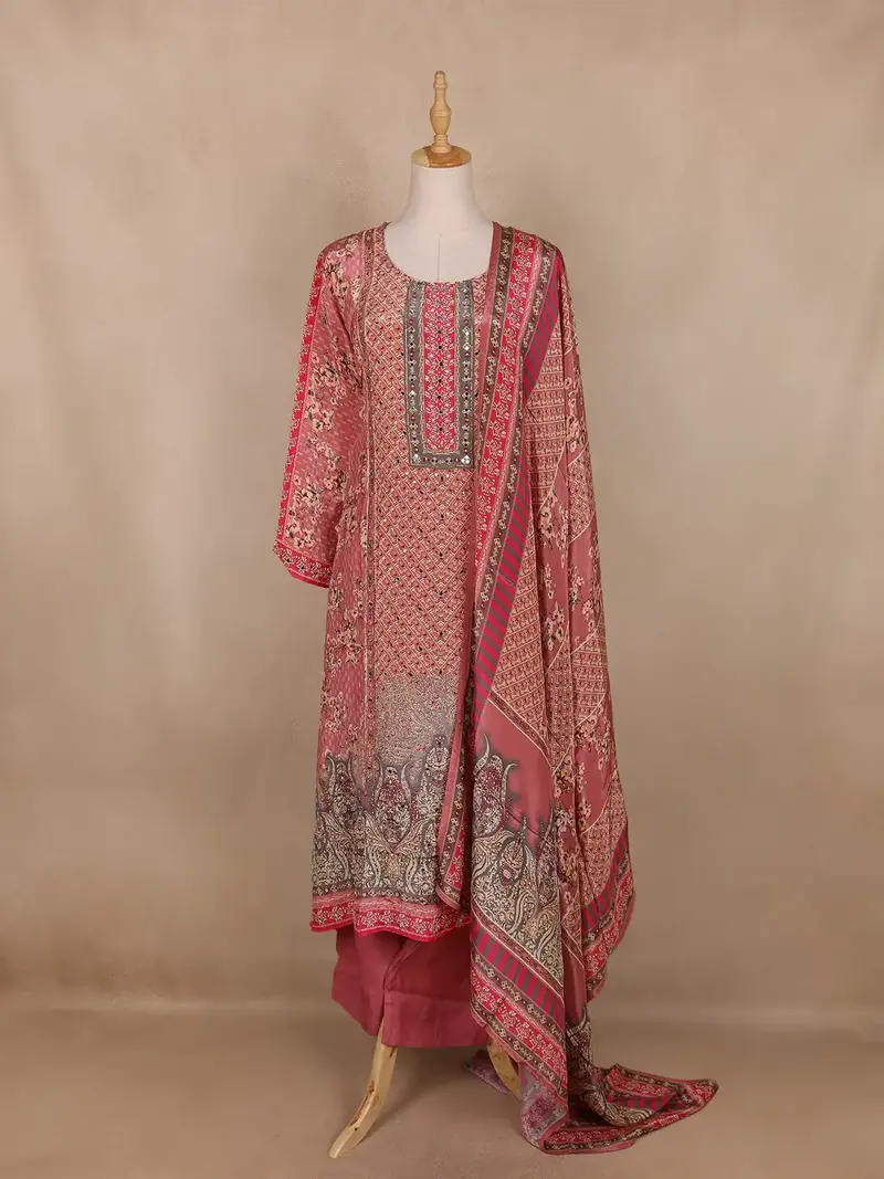 Dusty Rose Pink Floral Design Synthetic Salwar Suit 1