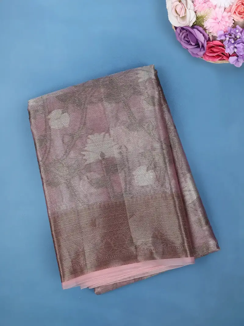 Dusty Rose Pink Floral Design Woven Tissue Silk Saree 1