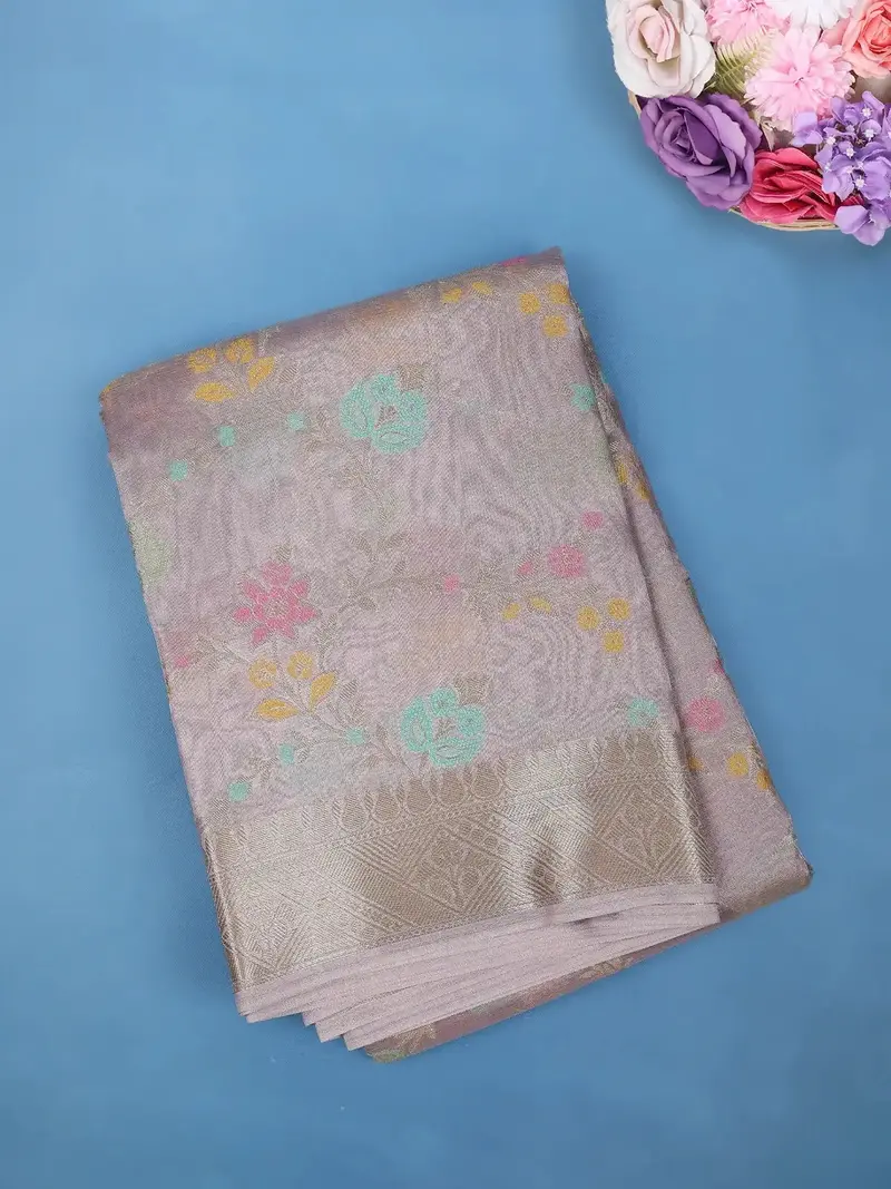 Dusty Rose Pink Floral Design Zari Work Tissue Silk Saree 1