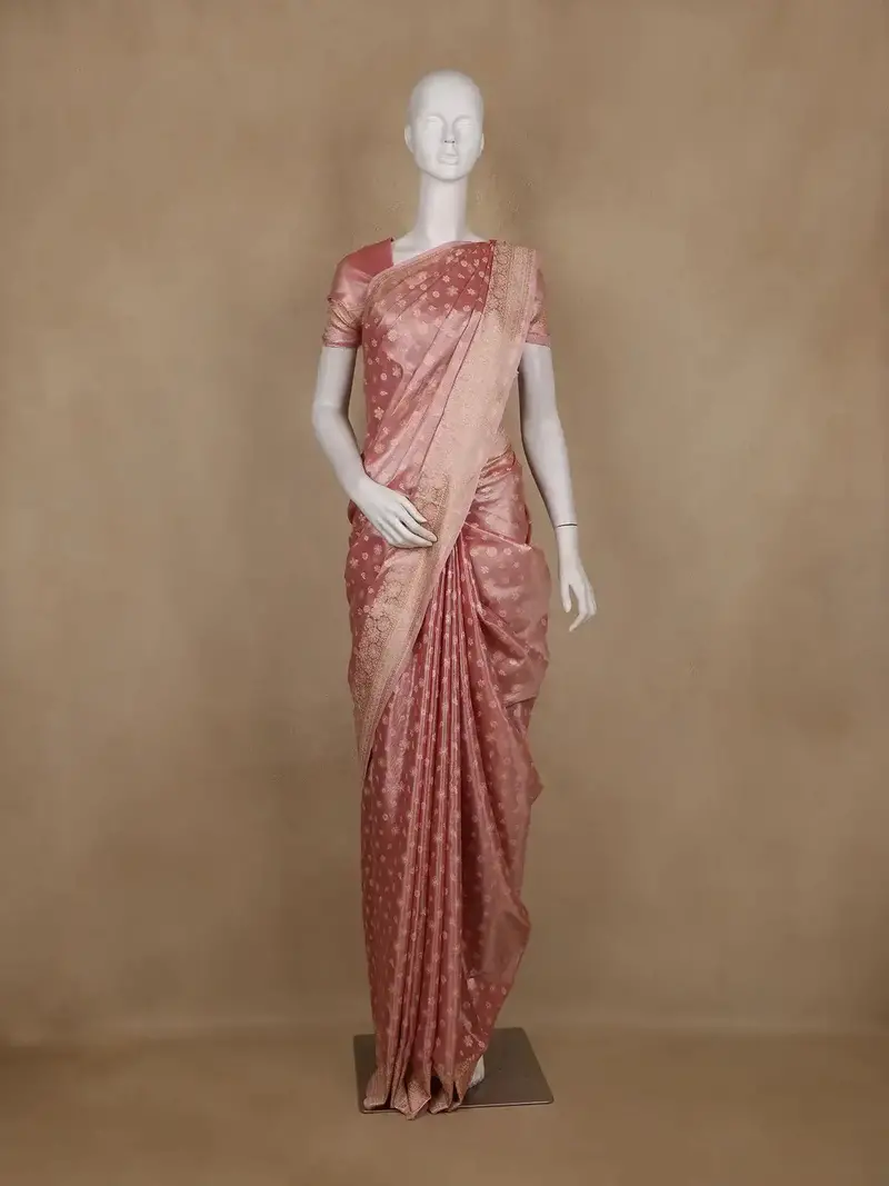 Dusty Rose Pink Floral Designed Banarasi Silk Saree 1