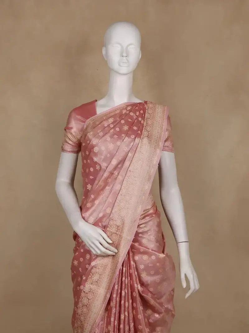 Dusty Rose Pink Floral Designed Banarasi Silk Saree 2