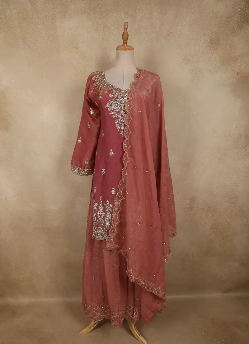 Dusty Rose Pink Floral Embroidered And Stone Embellished Design Organza Palazzo Suit 1