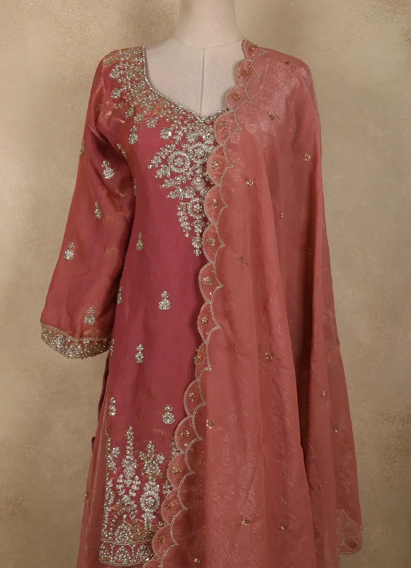Dusty Rose Pink Floral Embroidered And Stone Embellished Design Organza Palazzo Suit 2