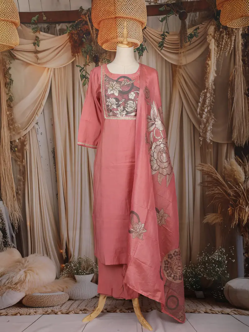 Dusty Rose Pink Floral Embroidered Design Cotton Straight Cut Salwar Suit 1