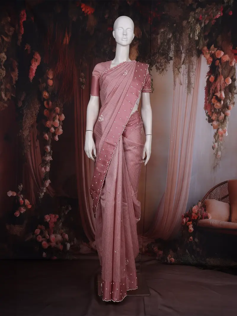 Dusty Rose Pink Floral Embroidered Raw Silk Saree 1