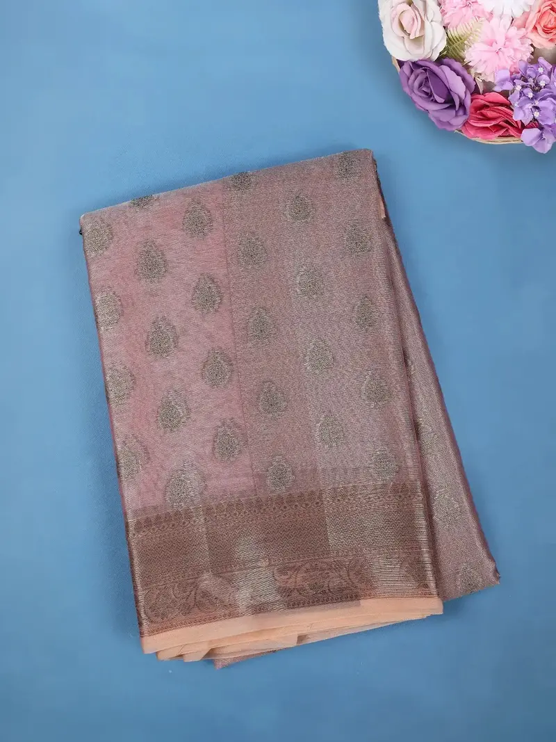 Dusty Rose Pink  Floral Motifs Design Tissue Silk Saree 1