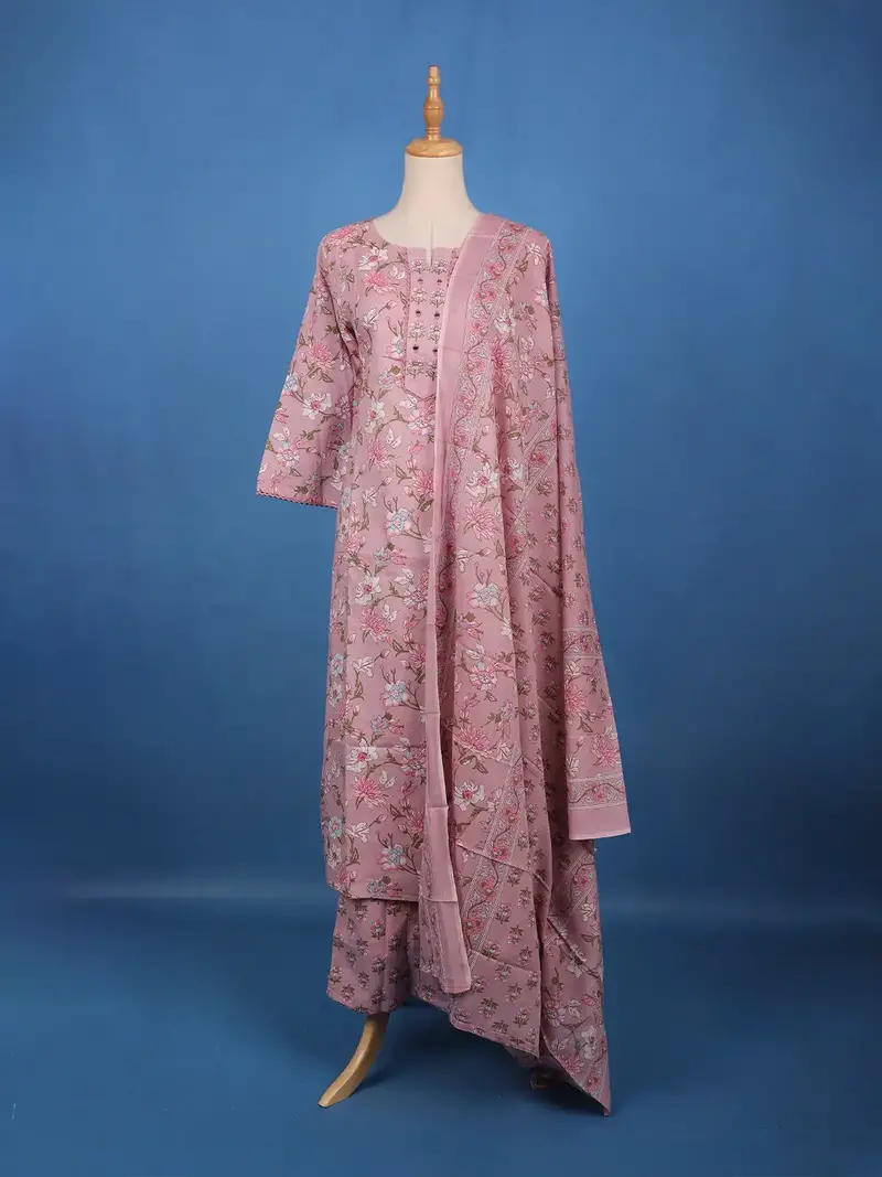 Dusty Rose Pink Floral Printed Cotton Salwar Suit Set 1