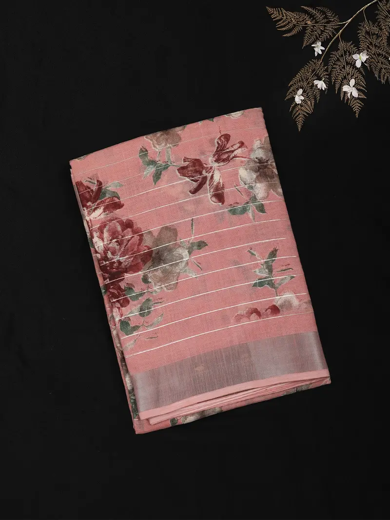 Dusty Rose Pink Floral Printed Design Blended Cotton Saree 1