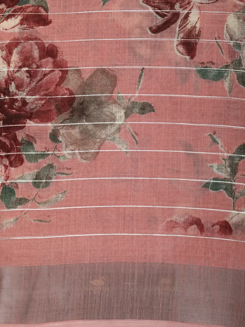Dusty Rose Pink Floral Printed Design Blended Cotton Saree 2