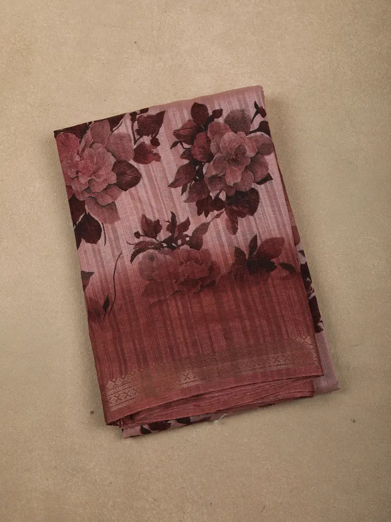 Dusty Rose Pink Floral Printed Design Crepe Saree 1