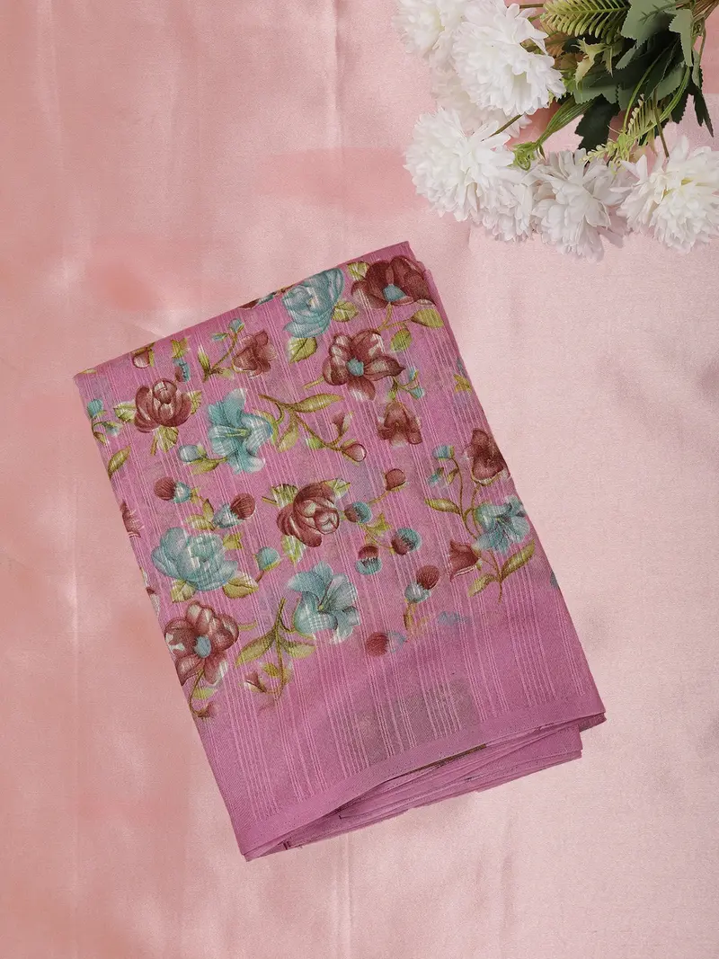 Dusty Rose Pink Floral Printed Design Mixed Cotton Saree 1