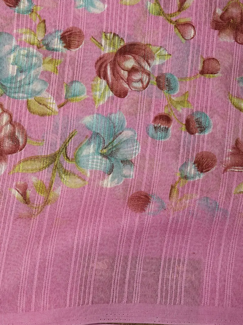 Dusty Rose Pink Floral Printed Design Mixed Cotton Saree 2