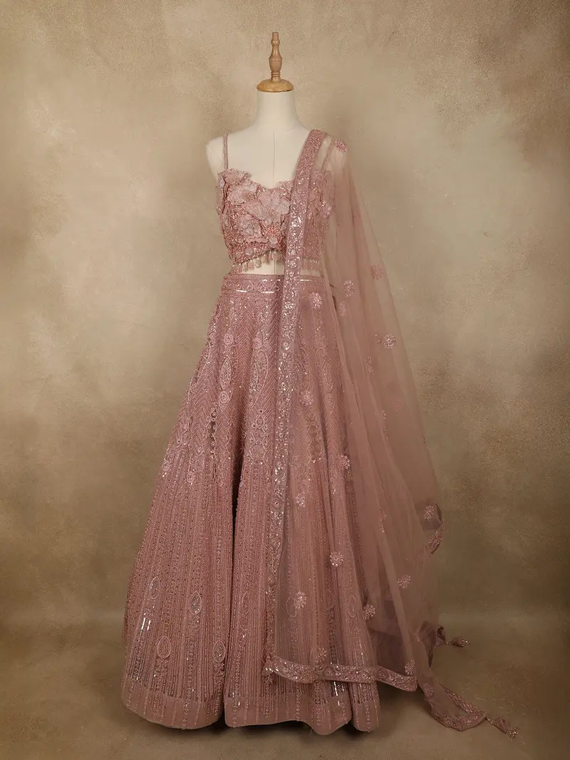Dusty Rose Pink Floral Sequins And Beads Embroidered Design Net Lehenga With Dupatta 1