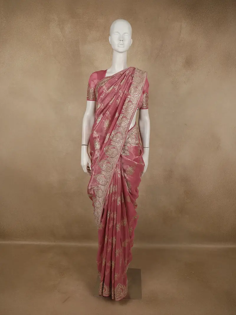 Dusty Rose Pink Floral Sequins And Beads Embroidered Design Pure Banarasi Designer Saree 1
