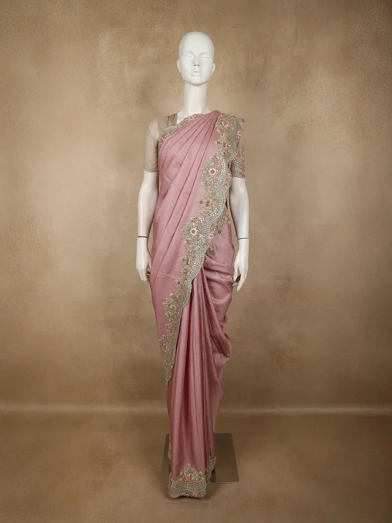 Dusty Rose Pink Floral Sequins And Beads Embroidered Design Pure Tussar Silk Designer Saree 1