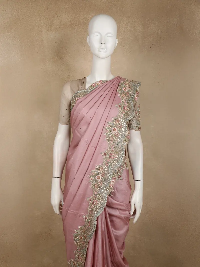Dusty Rose Pink Floral Sequins And Beads Embroidered Design Pure Tussar Silk Designer Saree 2