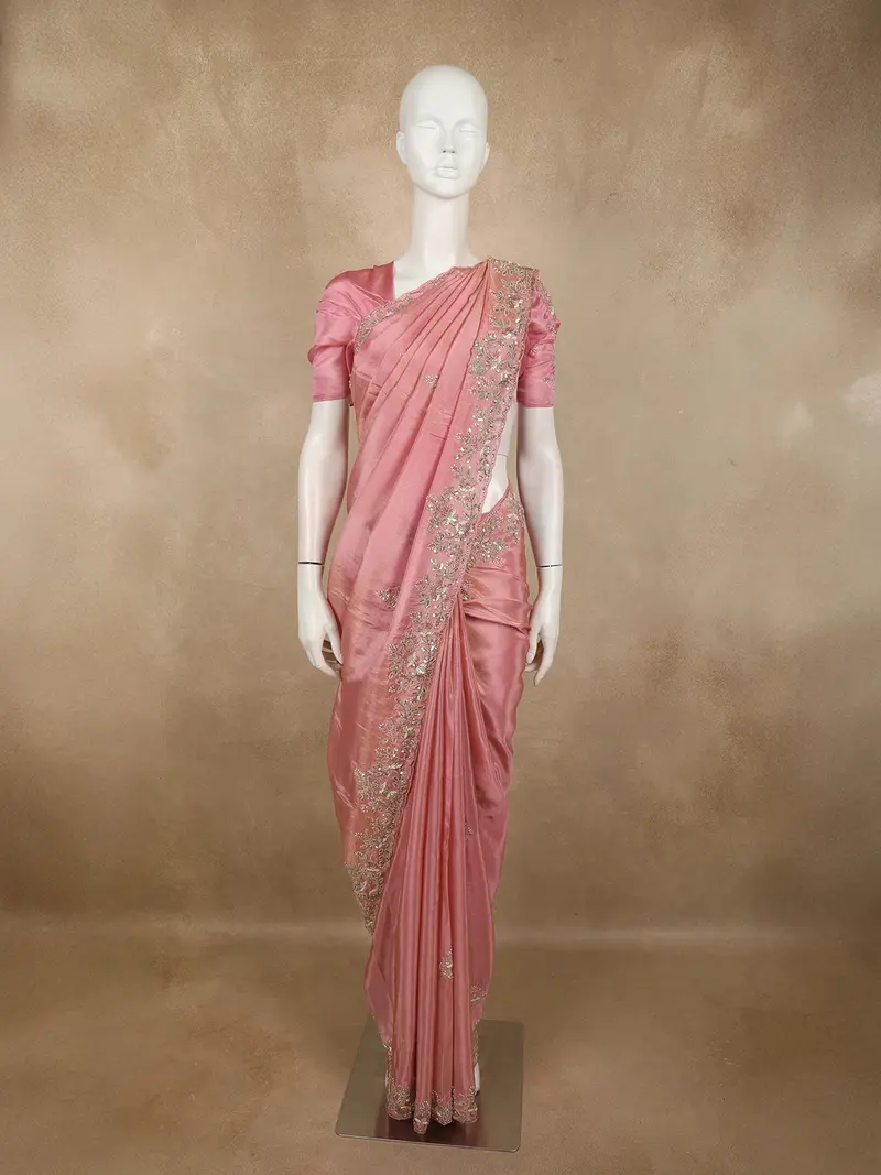 Dusty Rose Pink Floral Sequins And Beads Embroidered Design Tissue Silk Designer Saree With Designer Border 1