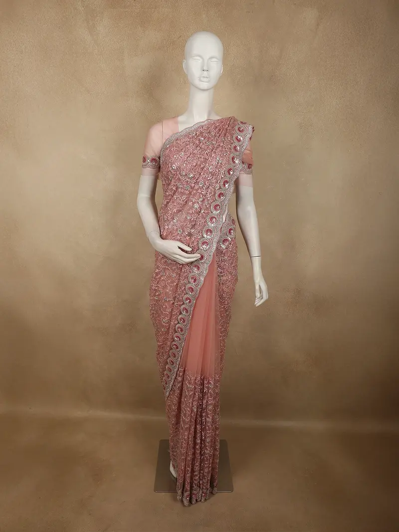 Dusty Rose Pink Floral Sequins And Thread Embroidered Design Net Designer Saree With Designer Border 1