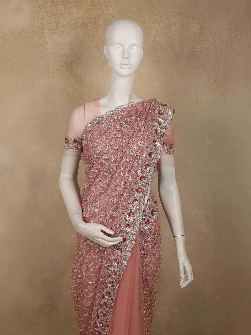 Dusty Rose Pink Floral Sequins And Thread Embroidered Design Net Designer Saree With Designer Border 2