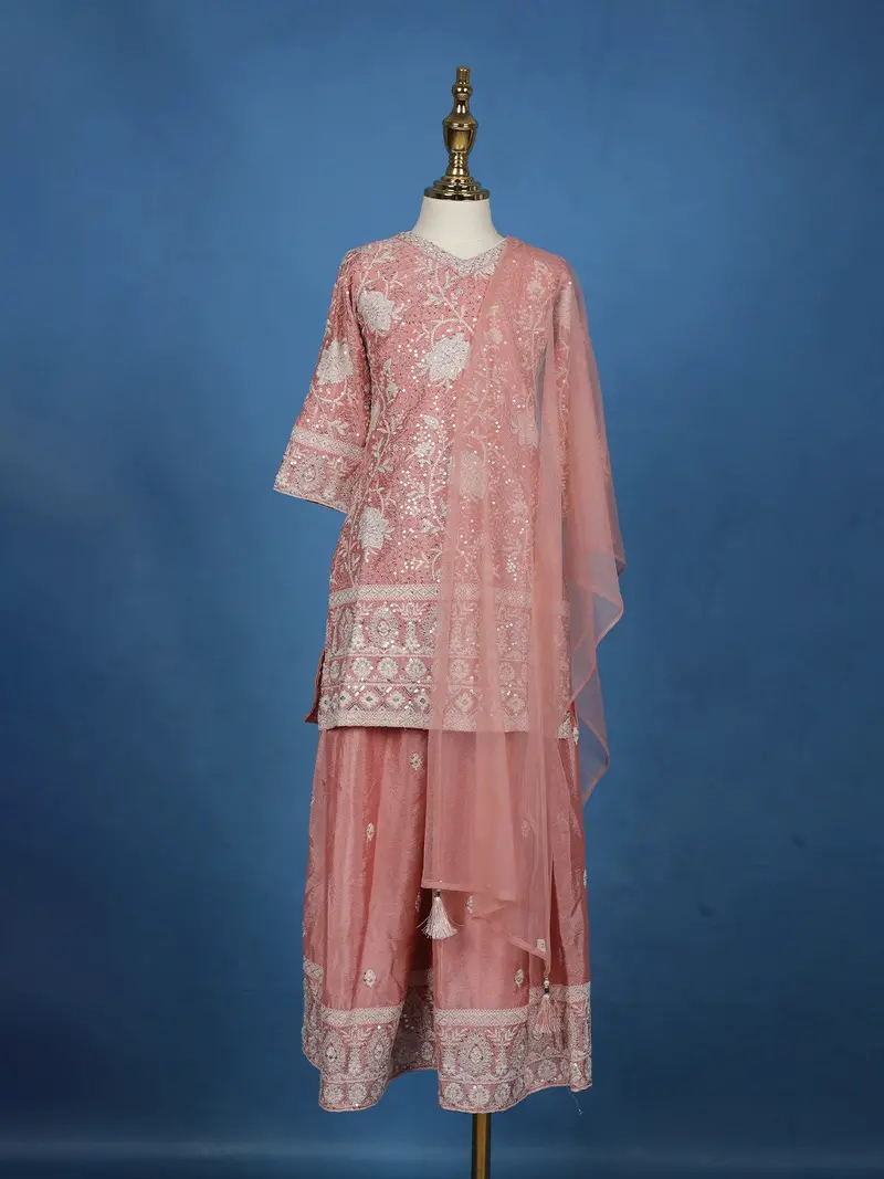 Dusty Rose Pink Floral Sequins Embroidered Silk Kids Palazzo Suit 1