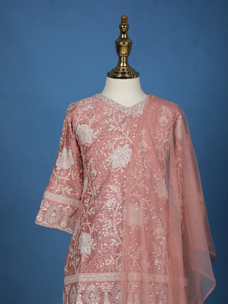 Dusty Rose Pink Floral Sequins Embroidered Silk Kids Palazzo Suit 2