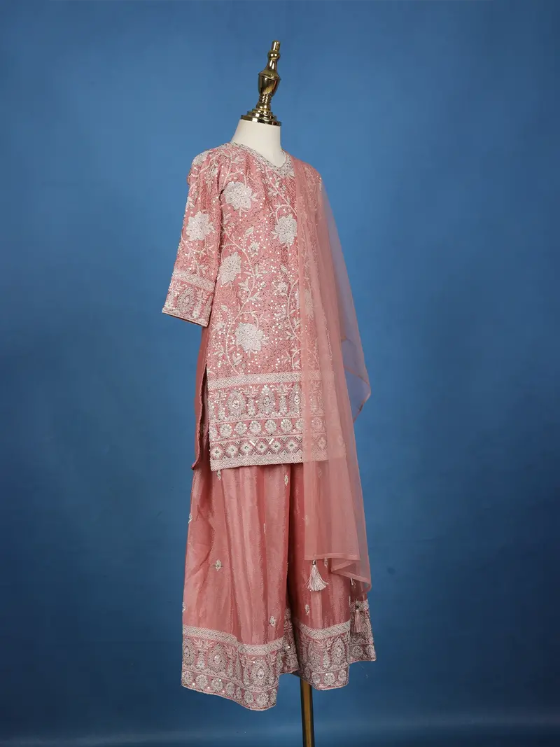 Dusty Rose Pink Floral Sequins Embroidered Silk Kids Palazzo Suit 3