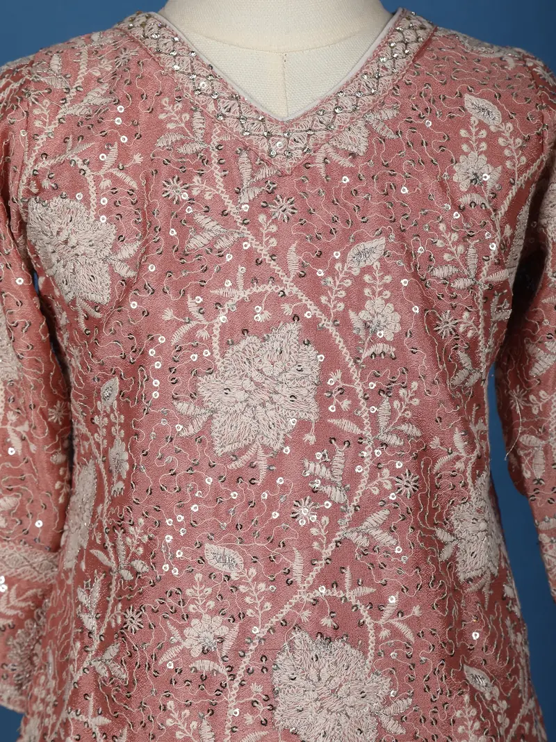 Dusty Rose Pink Floral Sequins Embroidered Silk Kids Palazzo Suit 4