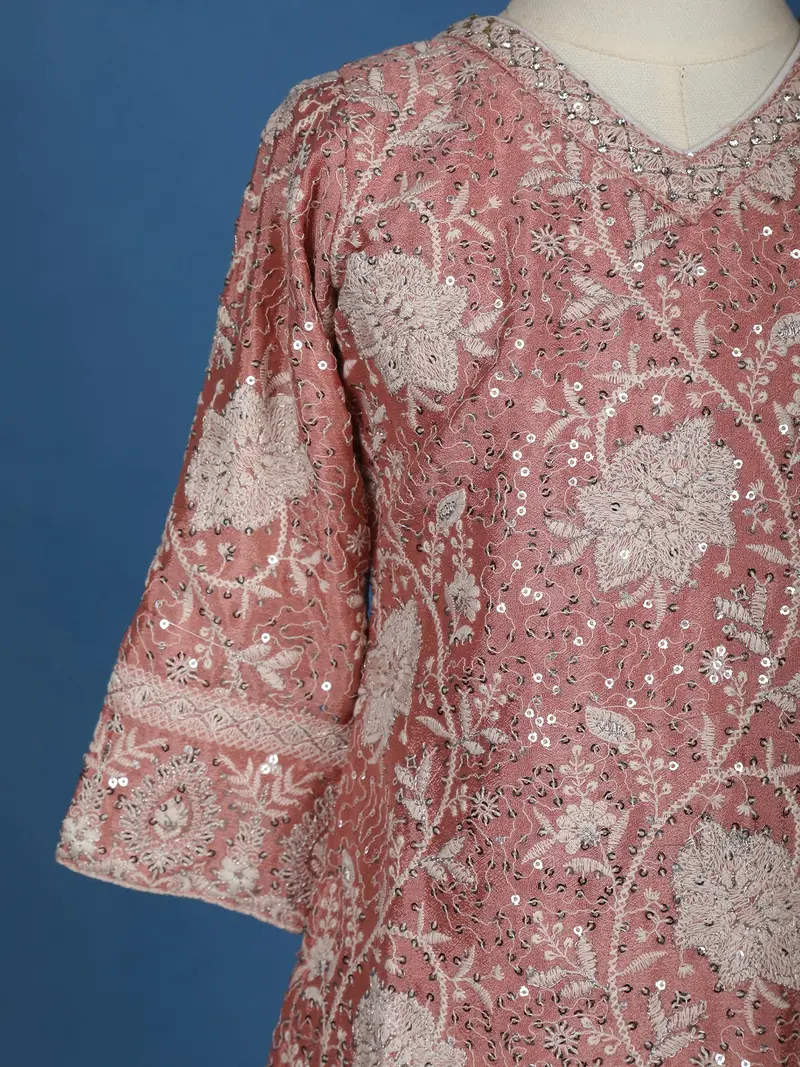 Dusty Rose Pink Floral Sequins Embroidered Silk Kids Palazzo Suit 5