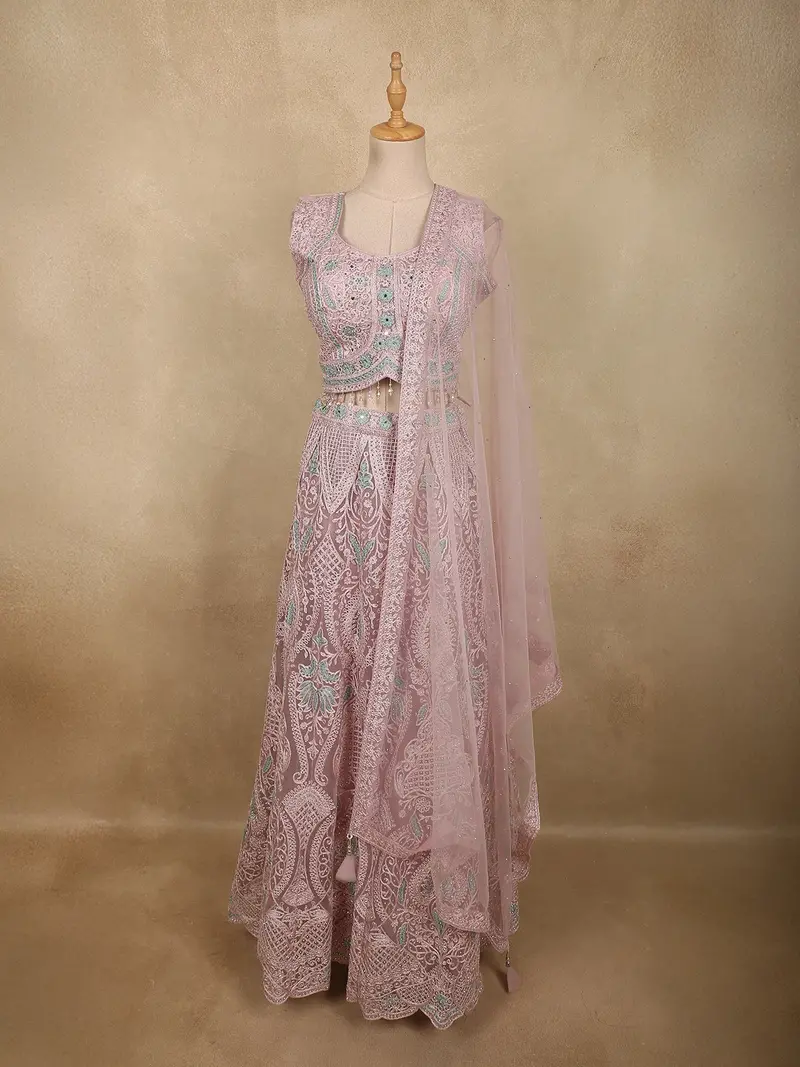 Dusty Rose Pink Floral Thread And Mirror Embroidered Design Net Lehenga With Dupatta 1