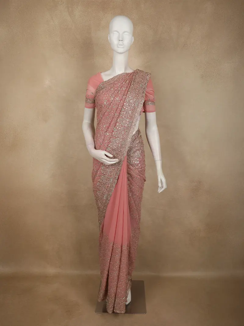 Dusty Rose Pink Floral Vine Zari Embroidered Design Georgette Fancy Saree With Scalloped Border 1