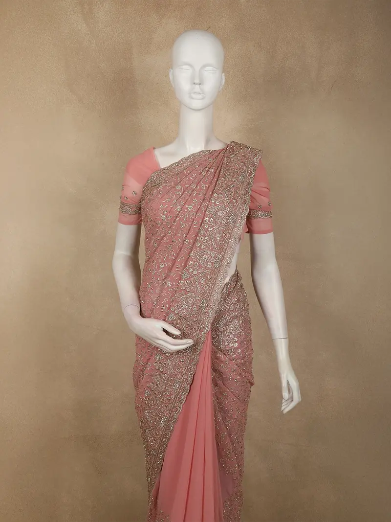 Dusty Rose Pink Floral Vine Zari Embroidered Design Georgette Fancy Saree With Scalloped Border 2