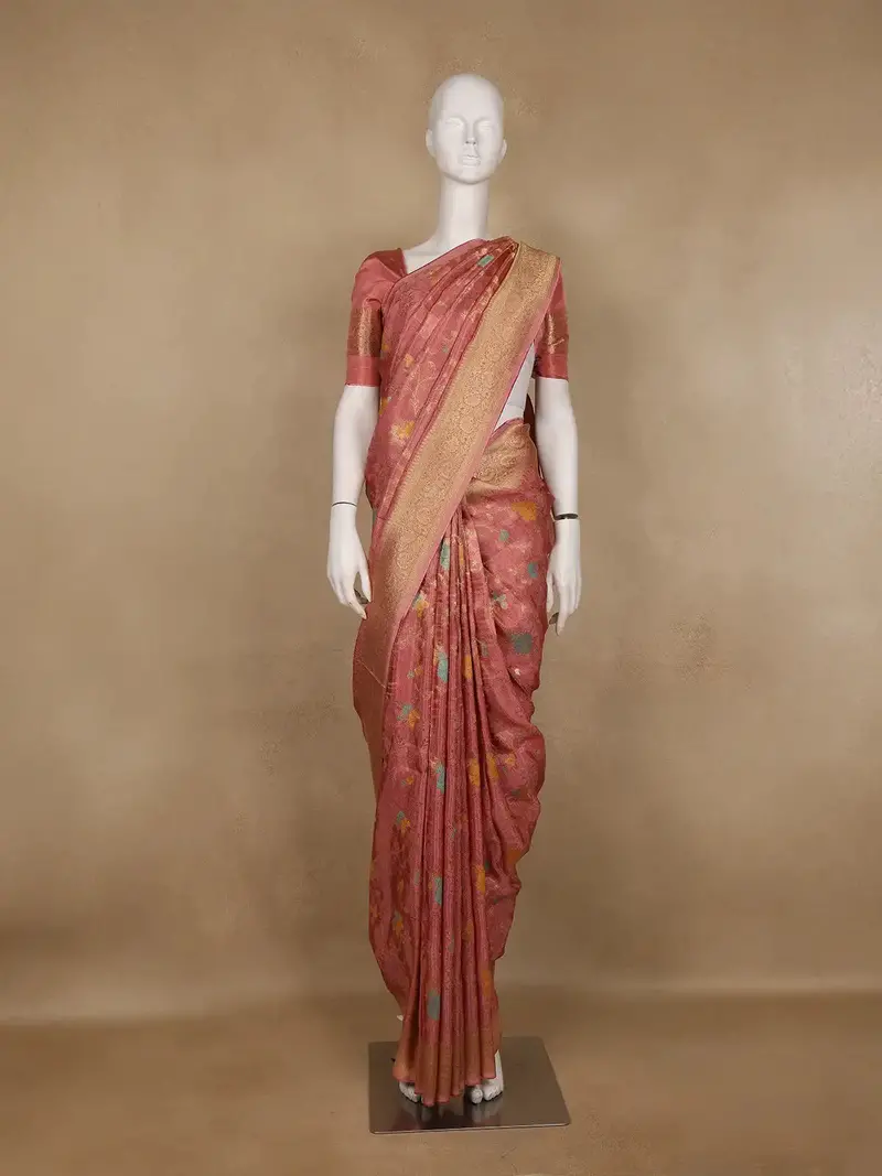 Dusty Rose Pink Floral Woven Banarasi Silk Saree 1