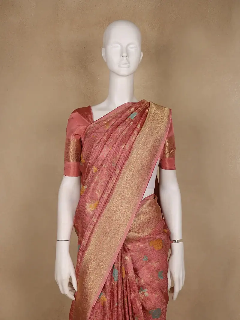 Dusty Rose Pink Floral Woven Banarasi Silk Saree 2